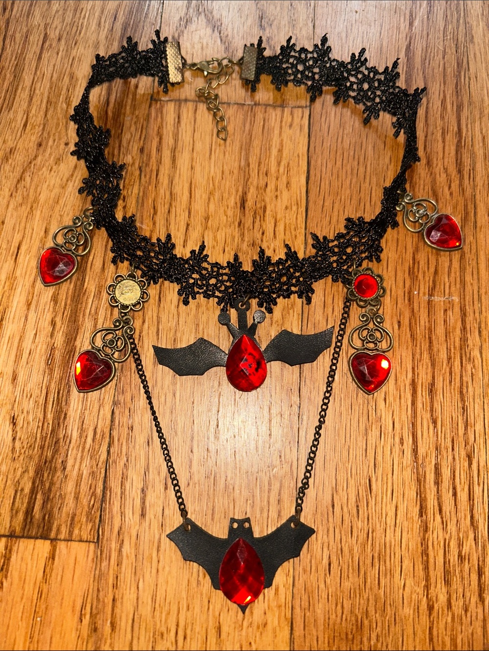Gothic Black Lace Choker Necklace with Red Gem Accents